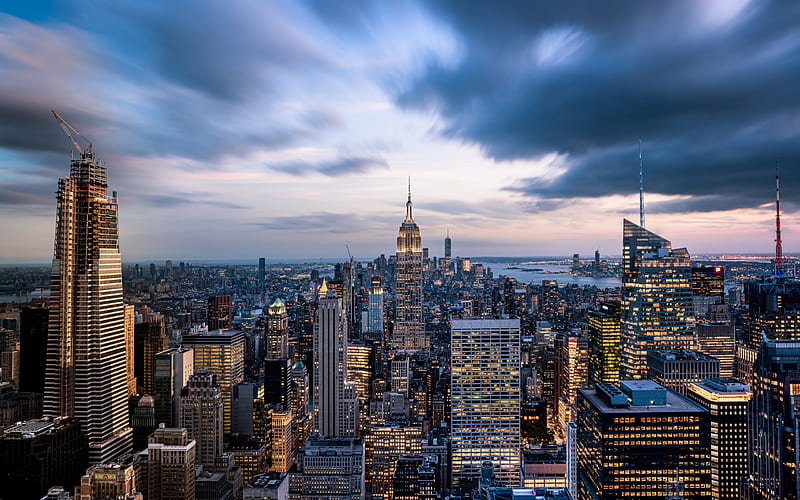 Empire State Building, New York, Manhattan, evening, sunset, skyscrapers, metropolis, USA, HD wallpaper