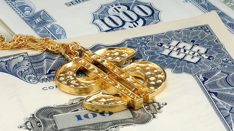 Dollars, chain, gold, bling, currency notes, HD wallpaper