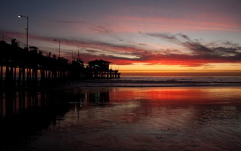 Long Beach sunset, orange, ocean, pier, nature, sunset, HD wallpaper