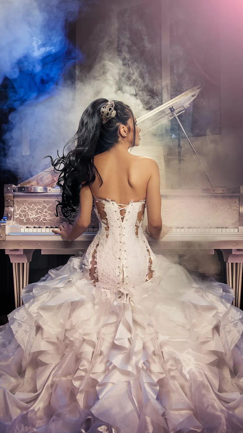 Playing piano, back, bridal, girl, music, piano, pretty, rear, rear view, wedding day, HD phone wallpaper