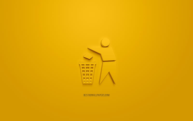 Garbage 3d icon, yellow background, 3d symbols, Garbage dump location, creative 3d art, 3d icons, Garbage sign, Information 3d icons, HD wallpaper