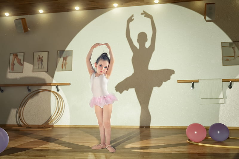 Little ballerina, john wilhelm, ballerina, girl, shadow, copil, child, pink, dancer, HD wallpaper
