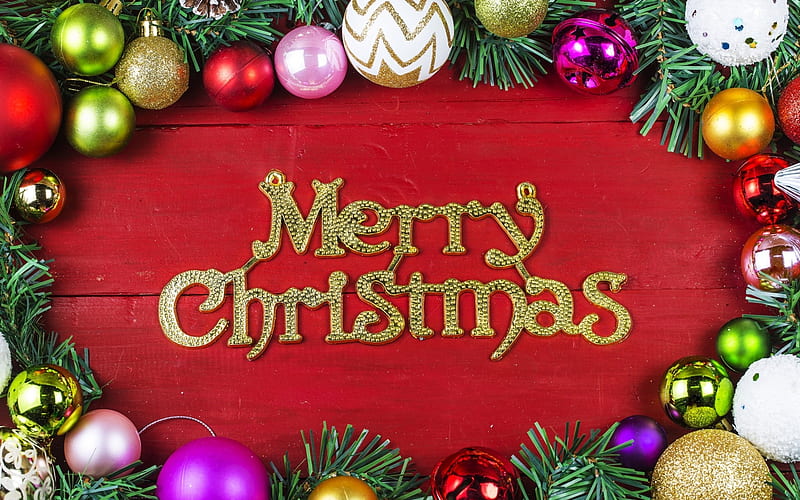 Merry Christmas!, red, ball, deco, craciun, christmas, card, HD wallpaper