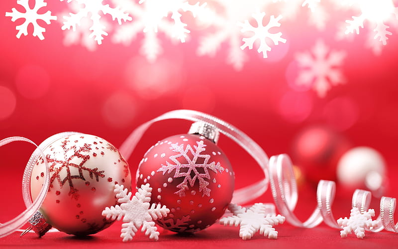 Red Christmas background, white snowflakes, red Christmas balls, winter, snow, art, New Year, Christmas, HD wallpaper