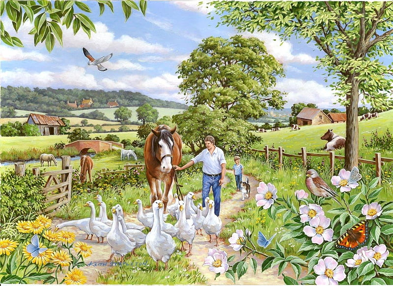 Goosey gander, bird, keith stapleton, painting, summer, horse, goose, HD wallpaper