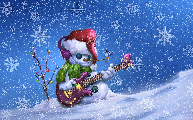 snowman with guitar, snowflakes, 3D art, snowman musician, winter, snowmen, HD wallpaper