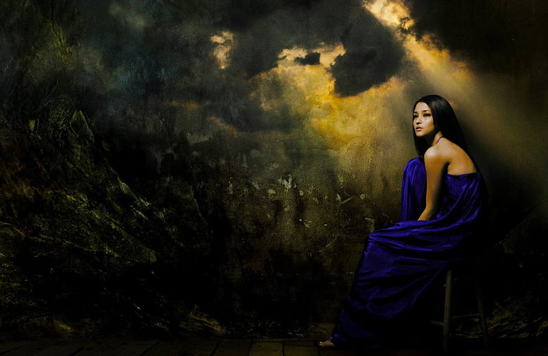 Woman in Blue, forest, art, dress, lovely, bonito, woman, graphy ...