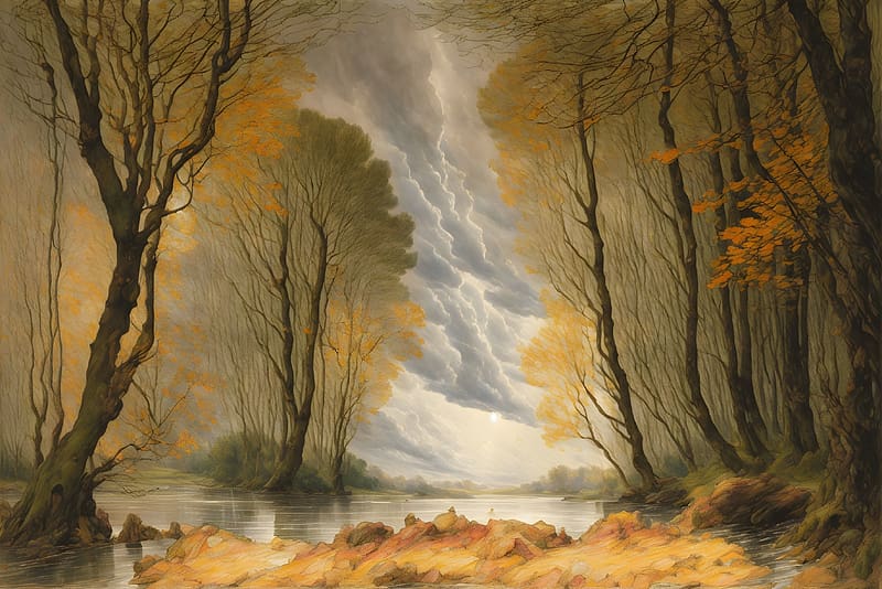 Autumn landscape, landscape, trees, forest, orange, cloudy, art, rainny, atmospheric, bleak, monochrome, water, pond, HD wallpaper
