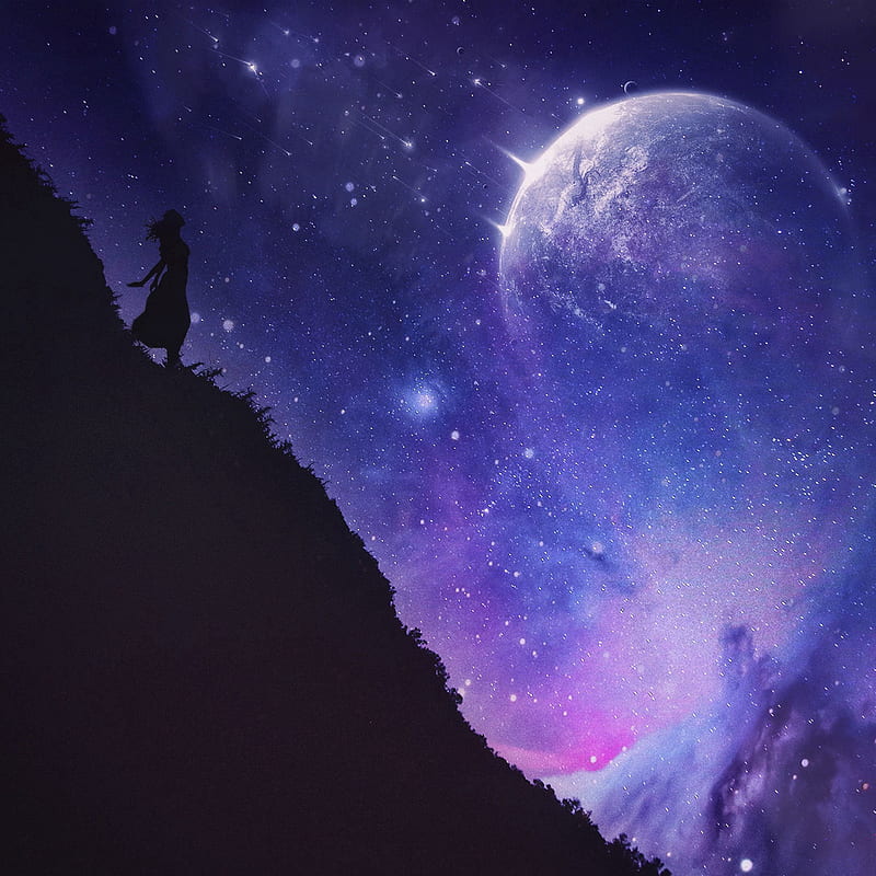silhouette, cliff, night, dark, starry sky, space, HD phone wallpaper