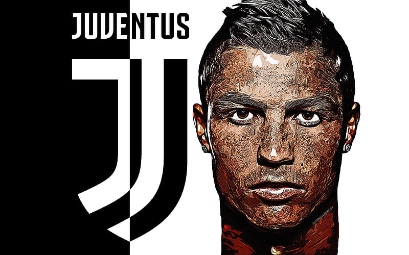 Cristiano Ronaldo art, Juventus FC, CR7, Portuguese footballer, portrait, CR7JUVE, grunge art, new Juventus logo, emblem, black and white background, creative art, Serie A, Italy, football, HD wallpaper