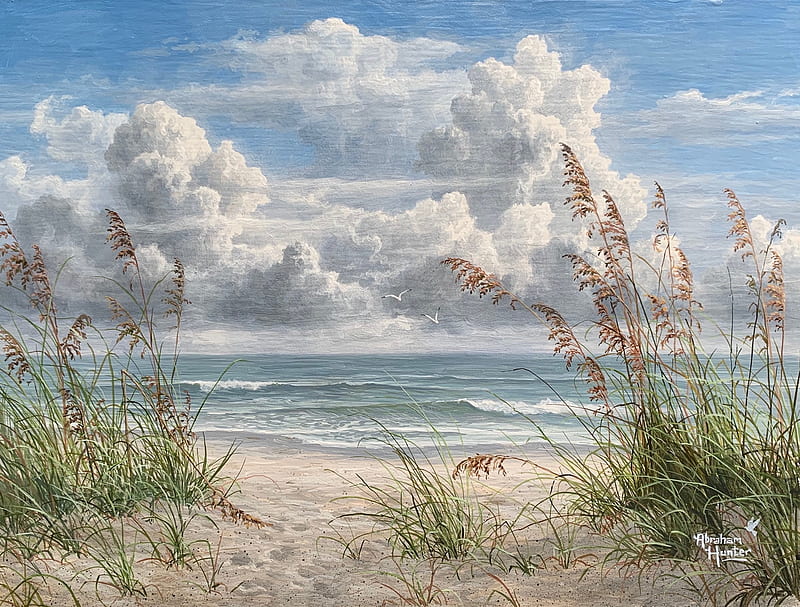 Summer Breeze, grass, sea, beach, painting, waves, clouds, sky, HD wallpaper