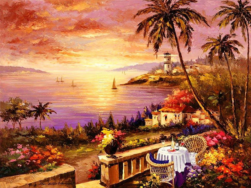 Sunset view, pretty, dinner, colorful, shore, sailing, bonito, sunset, sea, beach, afternoon, nice, painting, flowers, sunrise, morning, lovely, view, ocean, sky, palms, terrace, paradise, coffee, nature, coast, HD wallpaper