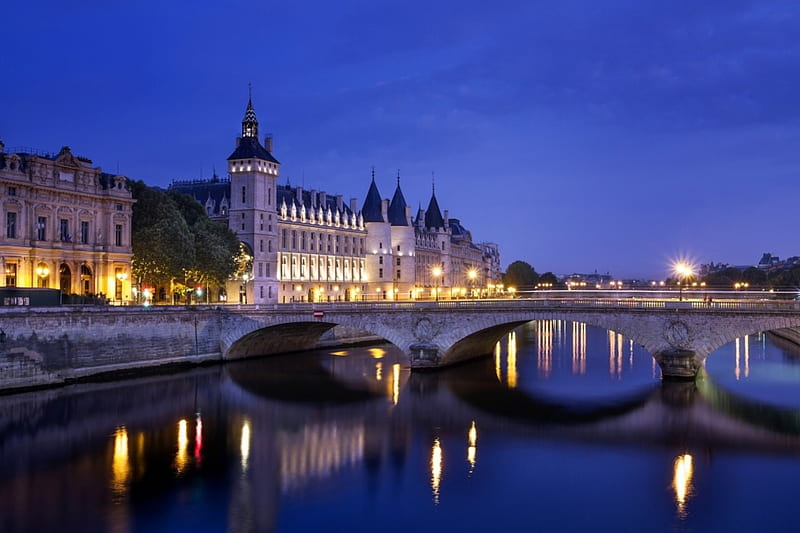 Paris, France, building, bridge, seine, river, lights, HD wallpaper