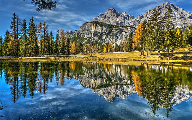 lake, trees, reflection, italy, dolomites, mountains, sky, autumn, Nature, HD wallpaper