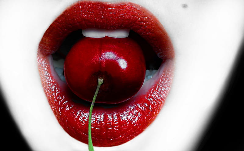 Cherry Jubalee, lips, teeth, cherry, red, sexy, HD wallpaper