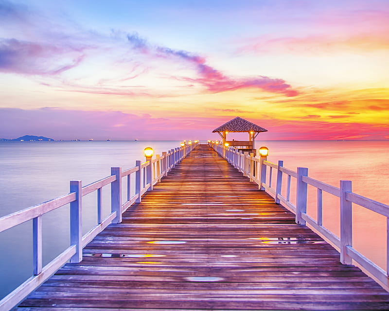 Landscape, bridge, coast, house, light, night, pier, purple, sea, sunset, HD wallpaper