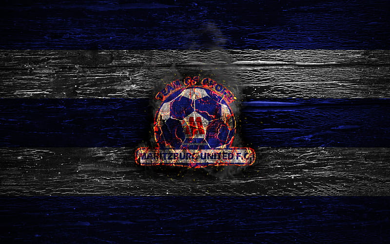 Maritzburg United FC, fire logo, Premier Soccer League, blue and white lines, South African football club, grunge, football, soccer, Maritzburg United logo, wooden texture, South Africa, HD wallpaper