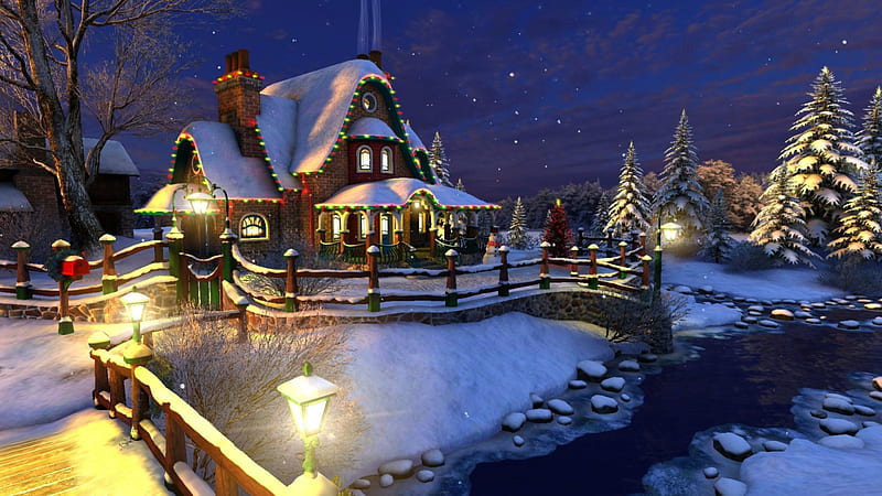Christmas Night, snowmen, night sky, house, snow, trees, lights, winter ...