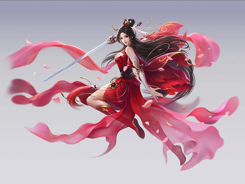 Fantasy girl, red, frumusete, fantasy, girl, luminos, pink, bohan z, sword, warrior, HD wallpaper