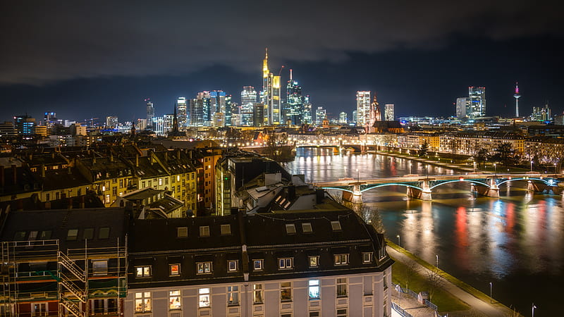 Cities, Frankfurt, Bridge, City, Germany, Light, Night, River, HD wallpaper