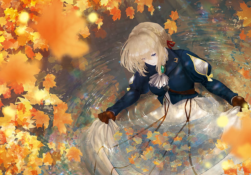 violet evergarden, autumn, blonde, water, dress, gloves, Anime, HD wallpaper