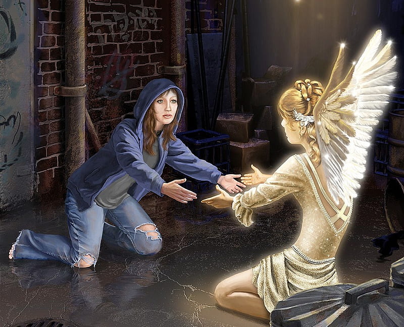Guardian Angel, girl, angel, watching, alley, helping, HD wallpaper