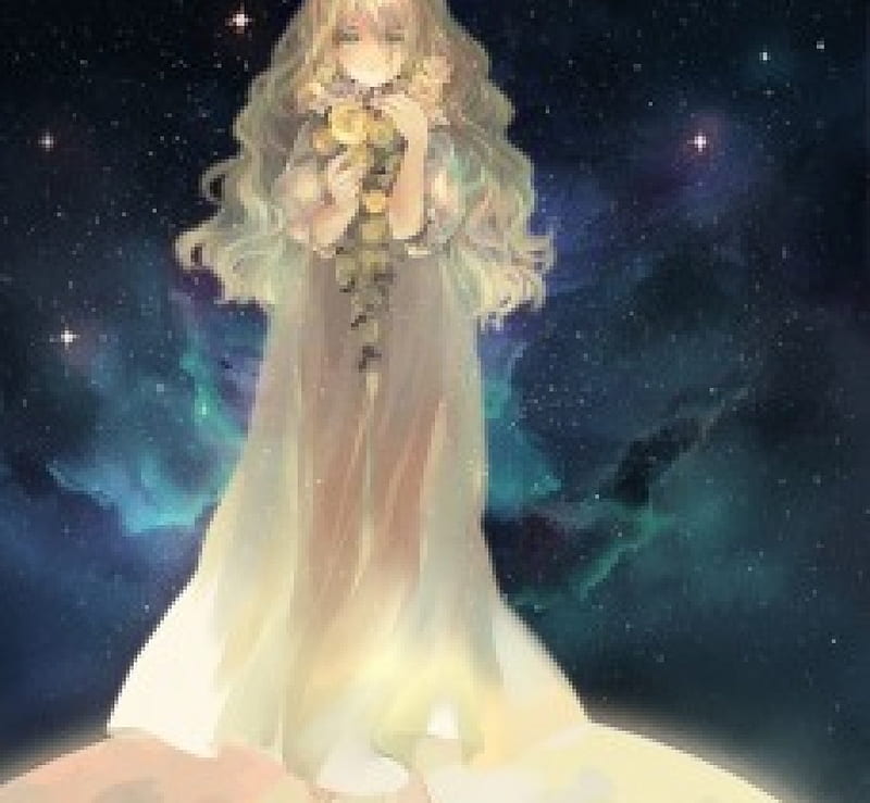 Stand on the Moon, dress, bonito, woman, clouds, sweet, moon, anime,  flowers, HD wallpaper | Peakpx