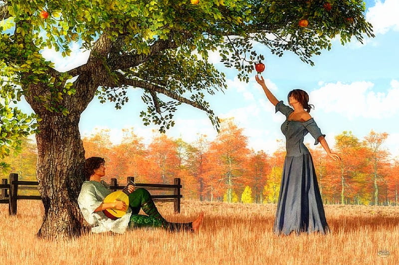 Couple at the Apple Tree, colorful, apple tree, autumn, fall season, love four seasons, attractions in dreams, digital art, couple, HD wallpaper