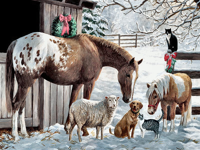 Pony and Friends - Horse F+Cmp, art, christmas, horse, artwork, winter, farm, sheep, snow, painting, pony, scenery, cats, landscape, dog, HD wallpaper