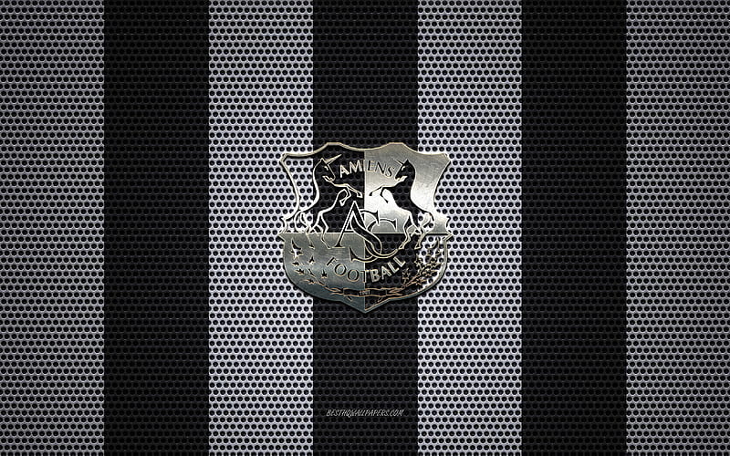 Amiens SC logo, French football club, metal emblem, black and white metal mesh background, Amiens SC, Ligue 1, Amiens, France, football, HD wallpaper