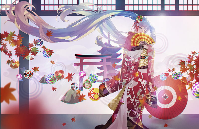 hatsune miku, kimono, fan, traditional clothes, japanese building, long hair, vocaloid, Anime, HD wallpaper