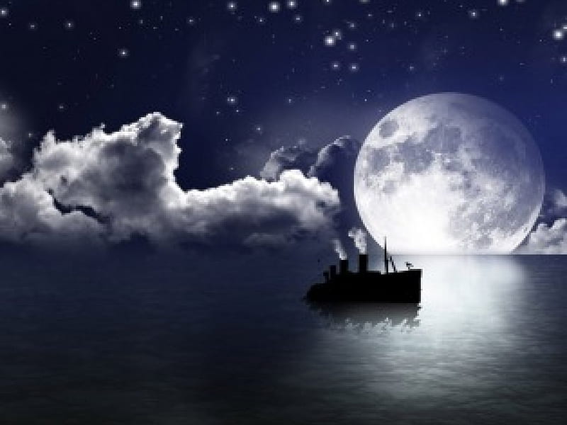 Sailing in the night, stars, full moon, ocean, sailing, moonlight, clouds, night, HD wallpaper