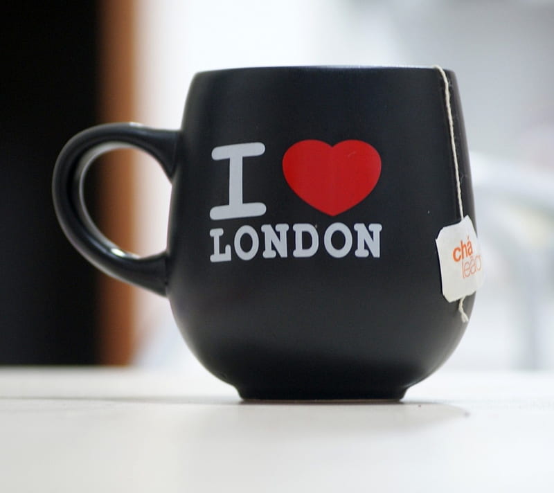Love London, black, cup, tea, HD wallpaper