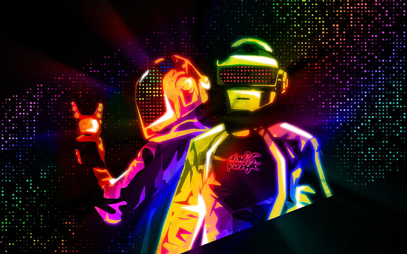 Daft Punk, EDM, neon light, creative art, French musical duo, Thomas Bangalter, Manuel de Homem-Christo, electronic music, HD wallpaper
