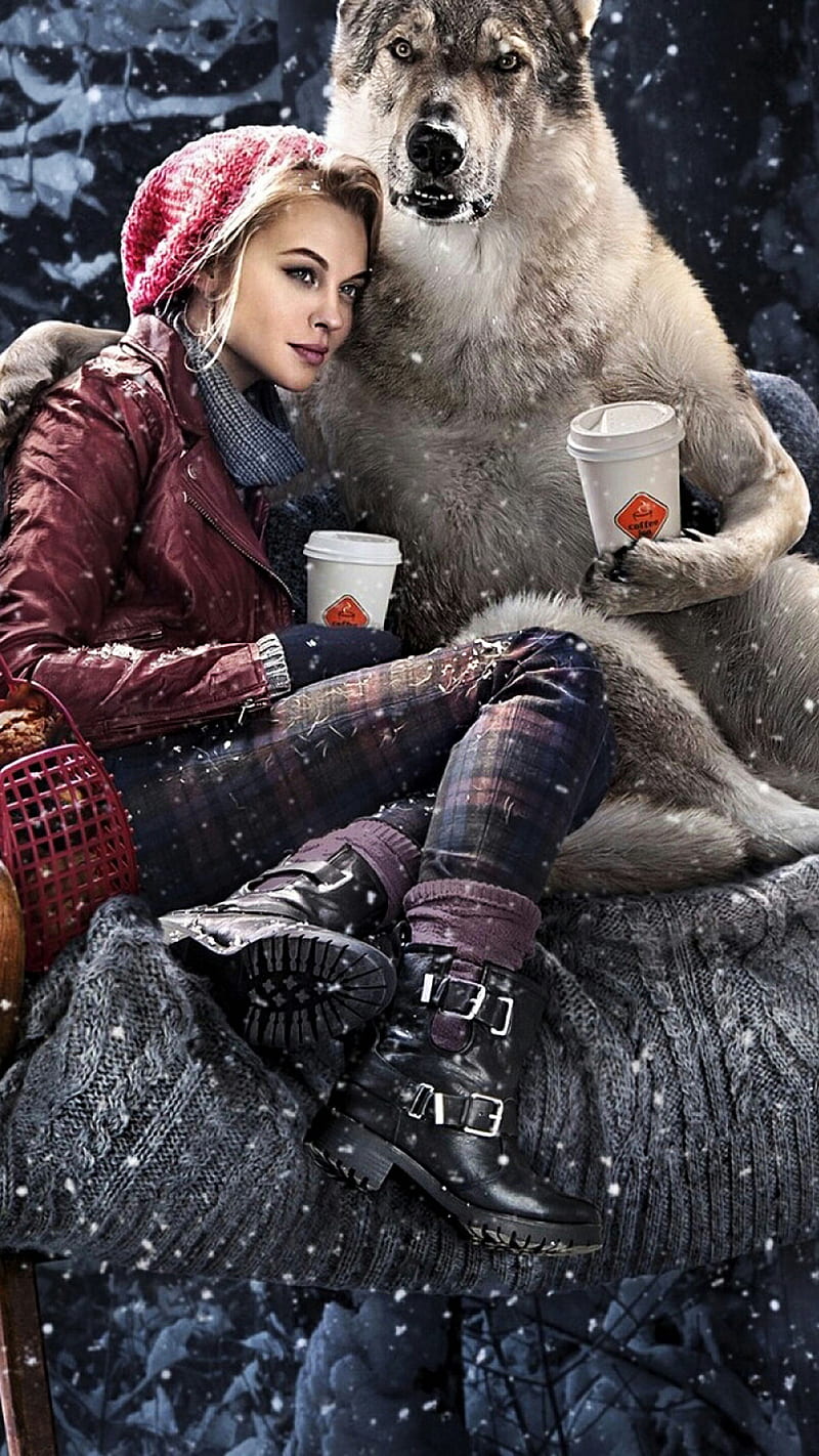 friendly wolf, drink, girl, snow, wolf, HD phone wallpaper