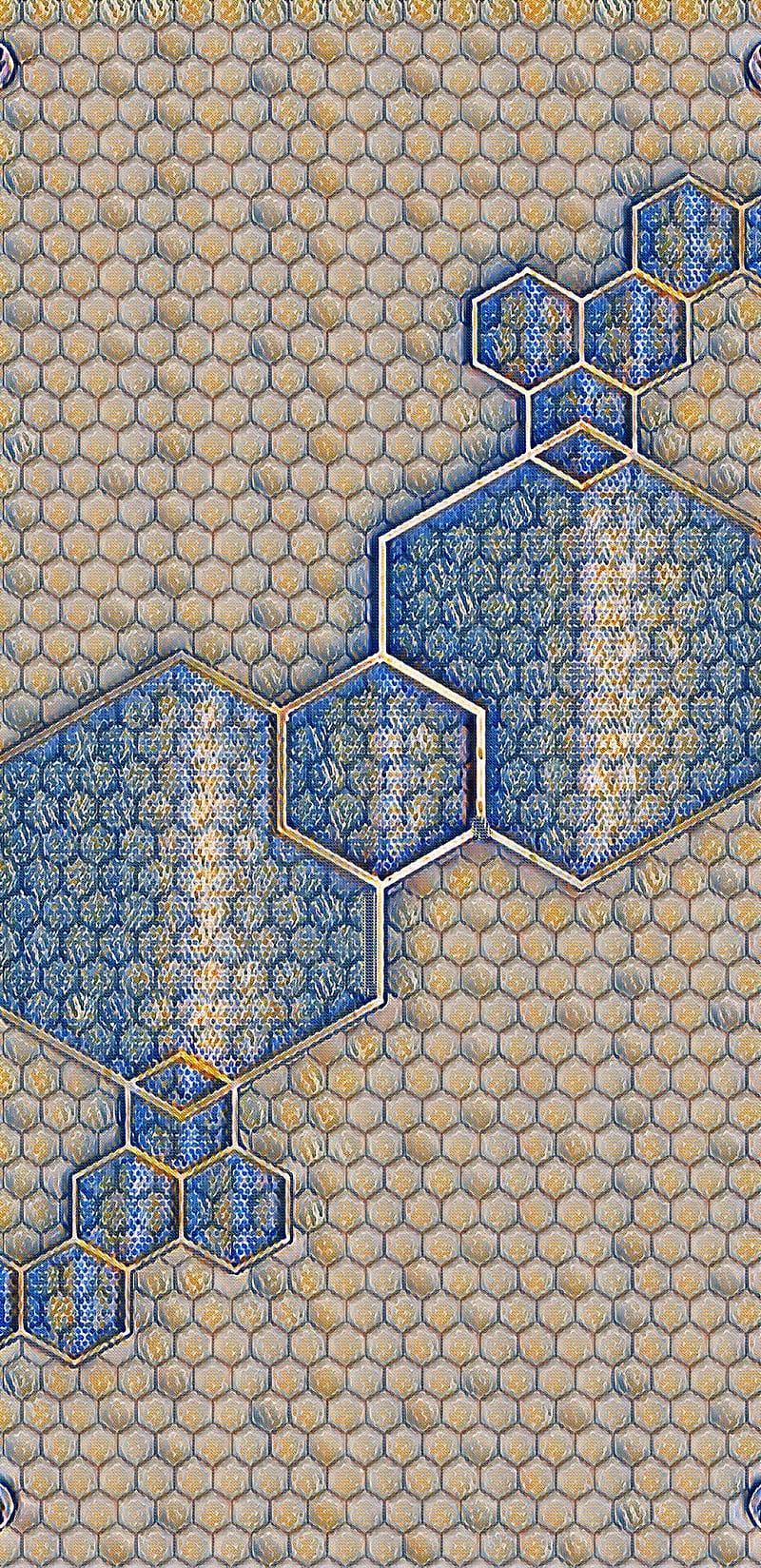 Hex Scale 13, abstract, blue, gray, hexagon, honeycomb, metallic, pattern, HD phone wallpaper