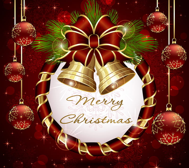 Christmas Decoration, balls, bells, gold, merry, HD wallpaper