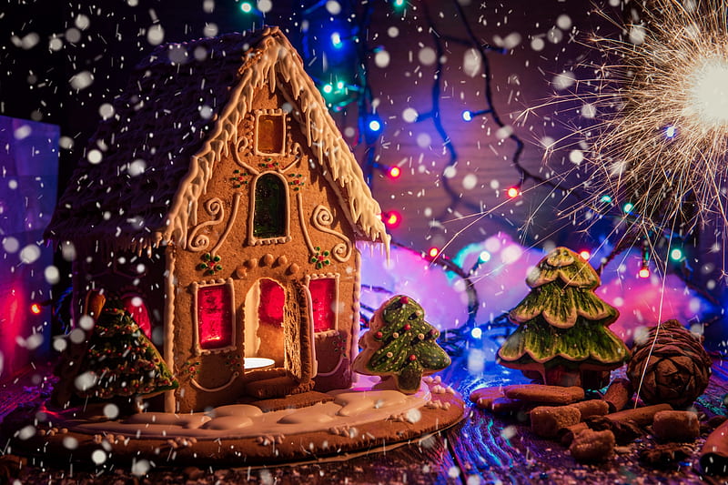 Merry Christmas!, house, gingerbread, craciun, christmas, food, fireworks, new year, HD wallpaper
