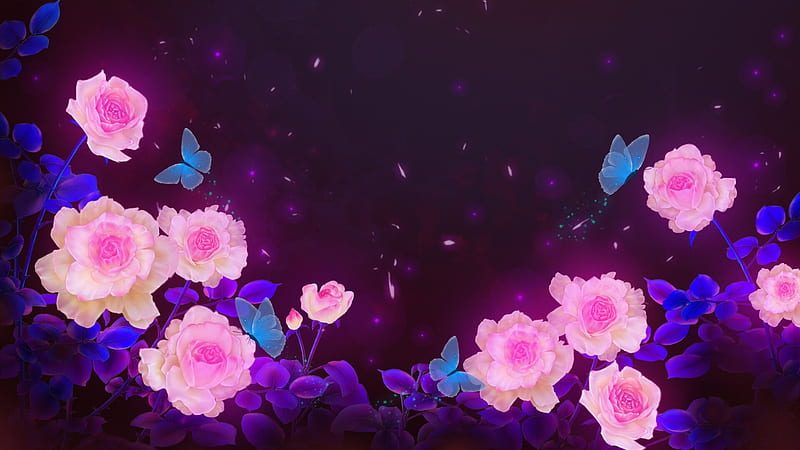 Rose garden, sujun, pink, night, blue, rose, luminos, trandafir, su jun, fantasy, butterfly, garden, HD wallpaper