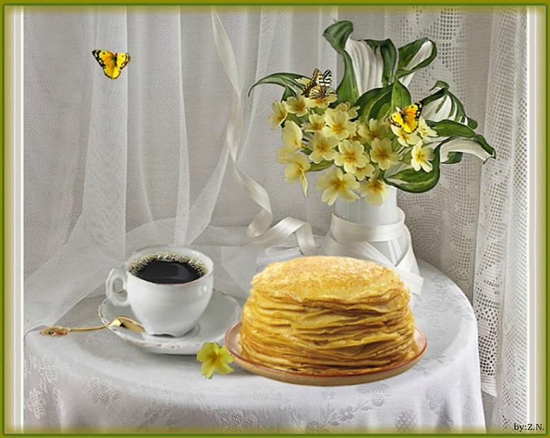  Buenos días, flores, desayuno, café, buterfly, Fondo de pantalla HD