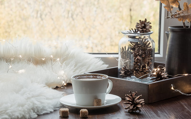 Christmas, morning, white garland, New Year, a cup of coffee, cup on the windowsill, HD wallpaper