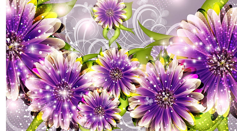 I Love Purple, stars, flowers, sprinkles, swirls embellishment, shasta, jewels, abstact, spring, lavender, sparkles, daisies, green, purple, summer, flowers, daisy, HD wallpaper