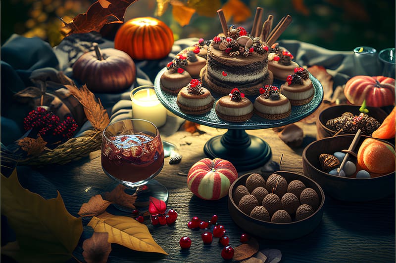 Autumn still life, Cakes, Candies, Berries, Pumpkins, HD wallpaper