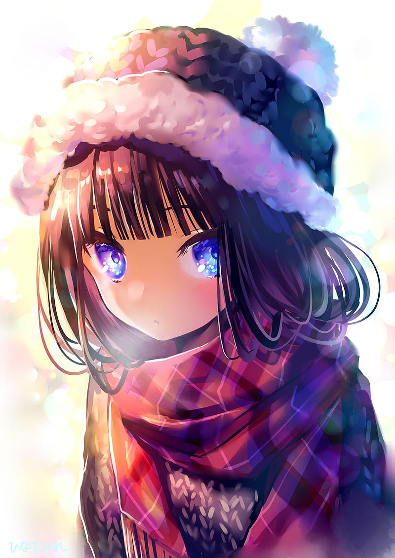anime, anime girls, original characters, blue eyes, winter, scarf, hat, Hinasumire, HD phone wallpaper