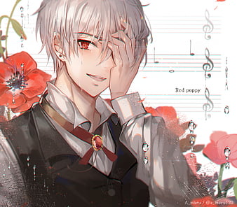 Anime boy, white hair, hoodie, smiling, necklace, gray eyes, Anime