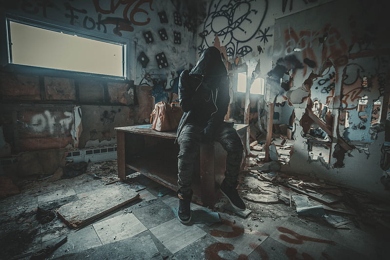 man, hood, ruins, room, graffiti, HD wallpaper