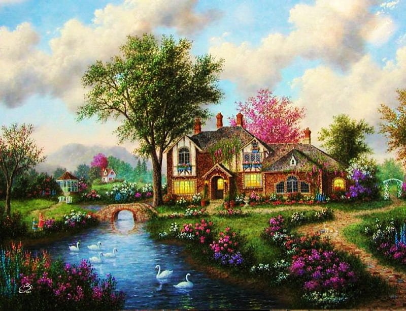 Sherwood Manor, house, bridge, flowers, path, river, swans, artwork, landscape, HD wallpaper