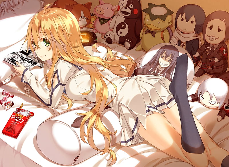 Dies irae, pretty, dolls, blond, book, bedroom, read, bonito, adorable, bed, sweet, nice, anime, beauty, anime girl, long hair, pillow, female, lovely, blonde, blonde hair, blond hair, cute, kawaii, girl, reading, lay, lady, maiden, laying, HD wallpaper
