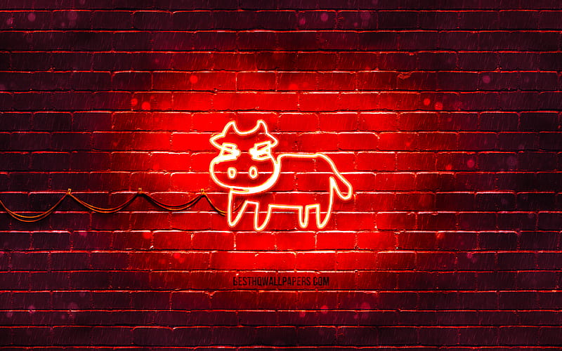 Ox neon sign chinese zodiac, red brickwall, Ox zodiac, animals signs, Chinese calendar, creative, Ox zodiac sign, Chinese Zodiac Signs, Ox, HD wallpaper