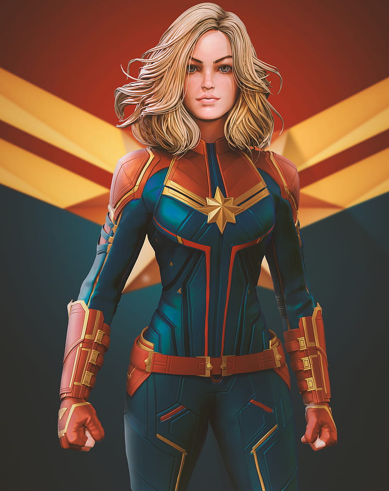 3d design, illustration, superhero, Marvel Cinematic Universe, Marvel Comics, Captain Marvel, girl in armor, HD phone wallpaper